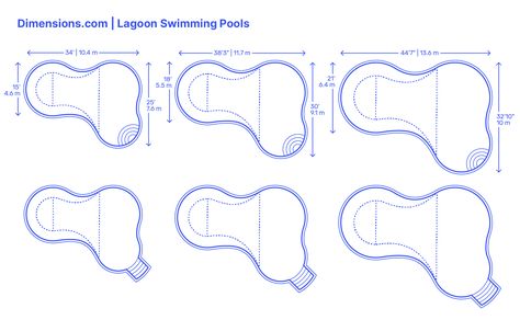 The ability to employ free-form and curvilinear layouts gives the Lagoon Swimming Pool limitless creative potential. It is closely related to kidney-shaped pools, and the biggest advantage is it can adapt to any landscape shape or irregular shape lot thanks to its gentle curves, soft edges, and corners. Besides, you can easily complement it with accessories like a fire bowl or jacuzzi. Downloads online #layouts #pools #swimming Irregular Shape Swimming Pool, Lagoon Shaped Pool, Curved Swimming Pool Design, Curvy Pool Design, Bean Shaped Pool, Swimming Pool Shapes, Curved Pool, Swimming Pool Dimensions, Oval Swimming Pool