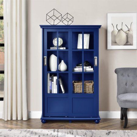 Altra Furniture Aaron Lane Barrister Bookcase - Navy Blue Bookcase, 4 Shelf Bookcase, Cube Bookcase, Etagere Bookcase, Bookcase Storage, Shelf Design, Decor Display, Sliding Glass Door, Glass Shelves