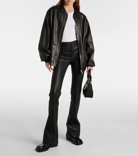 Kam leather flared pants in black - Stouls | Mytheresa Flared Leather Pants, Nylon Tote Bags, Prada Leather, Fall Fits, High Rise Pants, Flared Pants, Leather Care, Slim Legs, Flare Pants