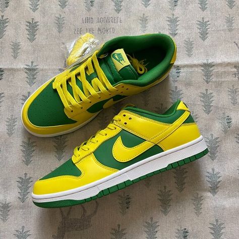 Nike Dunk Low Retro Reverse Brazil Yellow-Green Sneakers Green Sneakers, Nike Dunk Low, Dunk Low, Nike Dunk, Sneaker Shopping, Nike Dunks, Leather Material, Nike Shoes, Nike Men