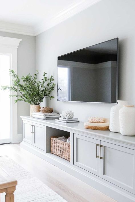 Tv Storage Bench, Mounted Tv In Living Room, Furniture For Tv Wall, Mounted Tv With Storage, Living Room Decor With Tv On Wall, White Shiplap Tv Wall, Modern Farmhouse Tv Cabinet, Tv Wall With Cabinets Underneath, Tv On Big Wall Ideas