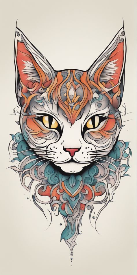 This image features a minimalist style, colored tattoo design of a cat over a blank canvas. The simple yet striking tattoo art showcases vivid hues, emphasizing the elegance and playfulness of the feline form. Colored Tattoo, Cat Tattoo Design, Colored Tattoo Design, Cat Tattoo Designs, Jungle Cat, Diy Cats, Art Animals, Cat Tattoo, Blank Canvas