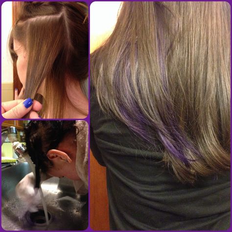 Dyed my hair dark brown, and added a purple peekaboo highlight. http://sparkscolor.com #purple#diy#hair#color Pink Lowlights, Peekaboo Purple, Purple Peekaboo Highlights, Diy Highlights Hair, Diy Hair Growth, Purple Diy, Fall Highlights, Hair Dark Brown, Underlights Hair