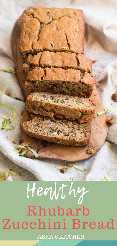 Healthy zucchini bread with tart rhubarb and crunchy walnuts. A perfectly balanced nutty, sweet, moist and fluffy easy breakfast bread. Gluten-free and refined sugar-free. #ZucchiniBread #Rhubarb #GlutenFree Rhubarb Zucchini Muffins, Rhubarb Zucchini Bread, Easy Breakfast Bread, Gluten Free Rhubarb, Healthy Zucchini Bread, Rhubarb Bread, Zucchini Bread Healthy, Rhubarb Muffins, Healthy Zucchini