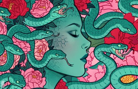 Jen Bartel, Medusa Art, Greek Mythology Art, Chat With Friends, Mythology Art, Eye Art, Snakes, Amazing Art, Cartoon Art