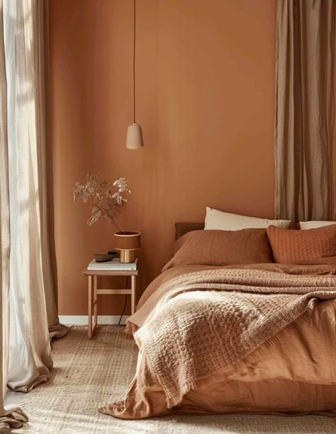 Earth Tone Bedroom Colors, Bedroom Ideas Warm Colors, Terra Cotta Accent Wall, Terracotta Bedroom Walls, Terra Cotta Wall Color, Desert Inspired Bedroom, Terra Cotta Bedroom, Terra Cotta Living Room, Elegant Dining Rooms