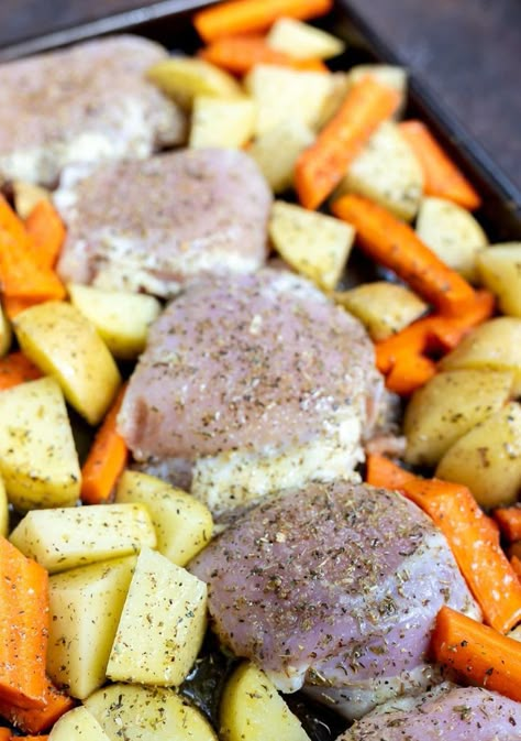 For an easy dinner, make this Oven Baked Boneless Chicken Thighs, Potatoes and Carrots sheet pan meal. Roasted chicken thighs, potatoes and carrots are a great no-fuss weeknight dinner recipe that the entire family will enjoy. #easydinnerrecipes #chickenthighrecipes #chickenrecipes #dinnerrecipes #sheetpanrecipes #healthydinnerrecipes Roasted Boneless Chicken Thighs, Chicken Thighs With Potatoes, Chicken Thighs And Potatoes, Baked Boneless Chicken, Baked Boneless Chicken Thighs, Oven Baked Chicken Thighs, Chicken Breast Crockpot Recipes, Crockpot Chicken Breast, Chicken Recipes Boneless