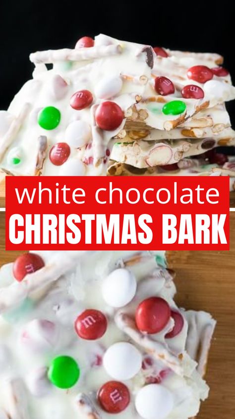 White Chocolate Christmas Bark is a no bake Christmas dessert that takes minutes to make. Mini M&M's give this chocolate bark added crunch and flavor. #whitechocolate #christmas #bark #dessert #nobake #holiday #partydessert Chocolate Christmas Bark, Christmas Chocolate Bark Recipes, White Chocolate Christmas, Chocolate Bark Christmas, Christmas Bark Recipes, Christmas Bark, White Chocolate Pretzels, White Chocolate Bark, Chocolate Bark Recipe