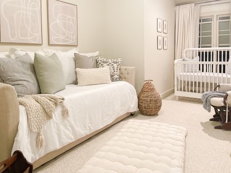 Neutral Nursery With Daybed, Bed In Nursery For Guest, Nursery Day Bed Ideas, Picture Shelf Nursery, Day Bed Nursery Room, Cream Crib Nursery, Crib And Daybed In One Room, Daybed Styling Ideas Nursery, Nursery And Guest Room Combo Small Spaces