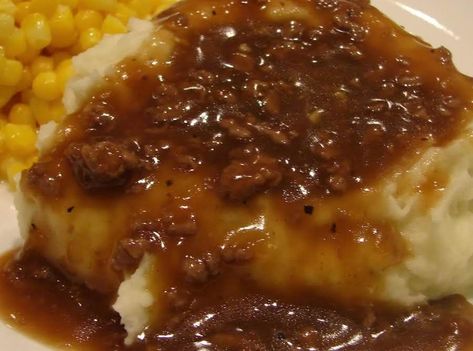 Beef Crumble #Easy Beef crumble dinner #justapinchrecipes Recipe With Mashed Potatoes, Hamburger Gravy, Ground Beef Breakfast, Hamburger Recipe, Over Mashed Potatoes, Beef Gravy, With Mashed Potatoes, Baked Dinner, Leftover Mashed Potatoes