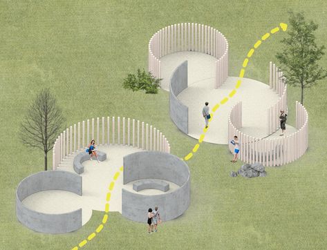 Conceptual Landscape Architecture, Public Area Landscape, Outdoor Gallery Design, Interactive Spaces In Campus, Outdoor Recreational Area, Public Pavilion Architecture, Roundabout Design Ideas, Recreational Spaces Architecture, Urban Landscape Design Public Spaces