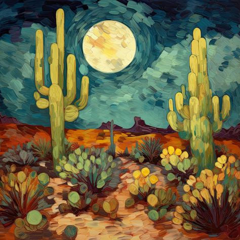 Pigment Plus Canvas Exclusive" 'Desert Moonrise' is a luminous testament to the influence of Vincent van Gogh's evocative brushwork and emotional resonance. This painting bathes the desert landscape in the ethereal glow of a rising moon, reminiscent of Van Gogh's dreamy nocturnal scenes.” Rising Moon, Desert Moon, Desert Mountains, Destination Photography, Desert Painting, Mountain Photography, Painting Inspo, Desert Landscape, Desert Landscaping