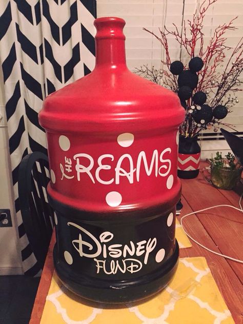 Savings jar Disney Fund Jar, Disney Piggy Bank, Savings Jar Diy, Disney Savings Jar, Vacation Savings Jar, Disney Savings, Travel Jar, Water Bottle Crafts, Change Jar