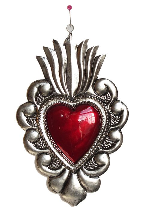 Heart is handmade by Oaxacan tinsmith Conrado Villegas.  Measures 6 inches tall. Jaime Hernandez, Milagro Heart, Tin Foil Art, Sacred Heart Art, Aluminum Foil Art, Tin Wall Decor, Tin Ornaments, Tin Wall, Tin Wall Art