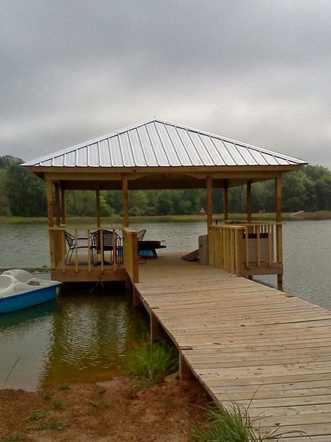 Dock With Gazebo, Pond Pavilion Ideas, Lake Gazebo Ideas, Lake Pier Ideas Decks, Dock Pergola, Pond Deck Ideas, Pond Dock Ideas, Pond Decks, Pond Pier