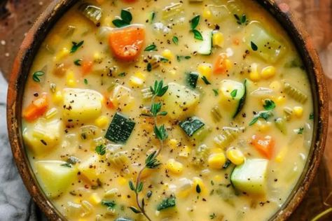 Summer Corn and Zucchini Chowder - Recipes By Clare Corn And Zucchini Chowder, Vegetarian Corn Chowder, Zucchini Chowder, Summer Corn Chowder, Summer Soup Recipes, Corn Chowder Soup, Zucchini Soup Recipes, Corn And Zucchini, Easy Casserole Dishes