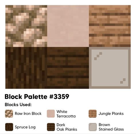 Jungle Wood Color Palette Minecraft, Minecraft Nation Ideas, Cottagecore Minecraft Pallet, Aesthetic Minecraft Block Combinations, Jungle Wood Block Pallete Minecraft, Block Pallet Ideas Minecraft Spruce, Dark Oak Color Palette Minecraft, Block Palate Minecraft, Spruce Wood Color Pallet Minecraft