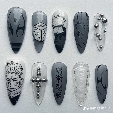 Anime Nail Designs, Jjk Nails, Anime Nail Art, Anime Nail, Fake Nails Designs, Punk Nails, Anime Nails, Edgy Nails, Grunge Nails