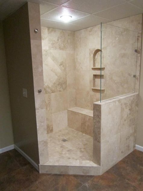 Corner Shower With Bench, Corner Walk In Shower Ideas, Corner Shower Ideas, Travertine Shower, Half Bathroom Remodel, Shower Remodel Diy, Small Shower Remodel, Gray Tile, Simple Bathroom Remodel