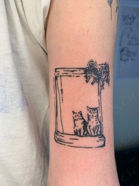 Artistic Cat Tattoo, Cute Vintage Tattoos, Cat In Frame Tattoo, Cat Window Tattoo, Sun Cat Tattoo, Tattoo About Art, Cat In Window Tattoo, Tabby Tattoo, 3 Cats Tattoo