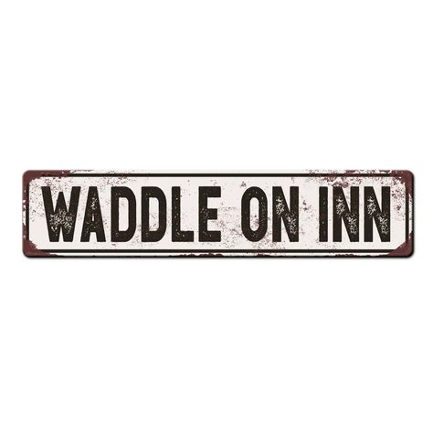 "Waddle On Inn Sign, add a touch of personality to your duck house with our fun outdoor décor  What is included in your purchase: * Listing is for one, single-sided aluminum sign that is 18\" x 4\" and .025\" or 12\" x 3\" and .025\" thick. * The sign has holes centered on the short edges Not Finding what you are looking for? Create a Custom Text Street Sign with us here: https://www.etsy.com/listing/1147352590/custom-metal-street-sign-personalized PRODUCT INFORMATION Crafted from high-quality a Duck House Signs, Duck House Decor, Duck Signs For Coop, Duck Sayings, Eggplant Ideas, Quack Shack, Duck Decorations, Homestead Sign, Coop Signs