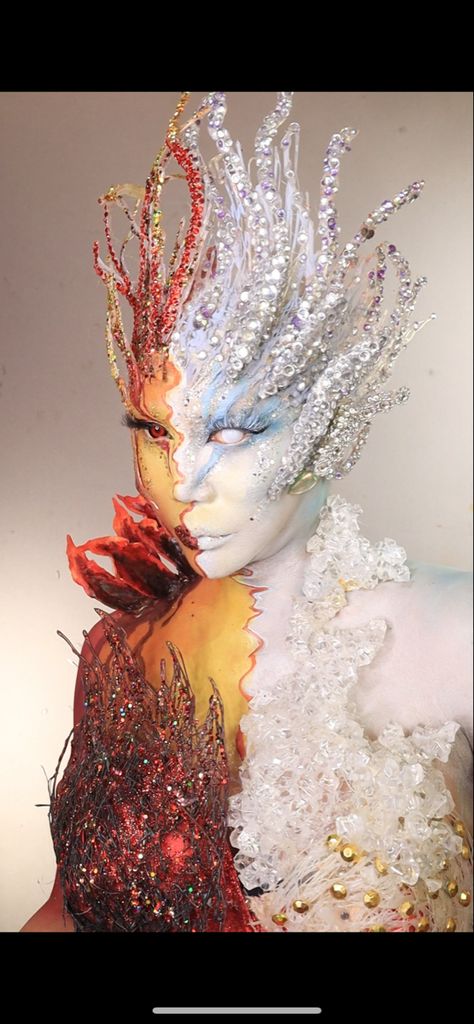 Face Painting Themes For Competition, Face Painting Themes, Fire And Ice Costume, Ice Oc, Ice Makeup, Nature Costume, Ice Queen Makeup, Mother Nature Costume, Fire Costume