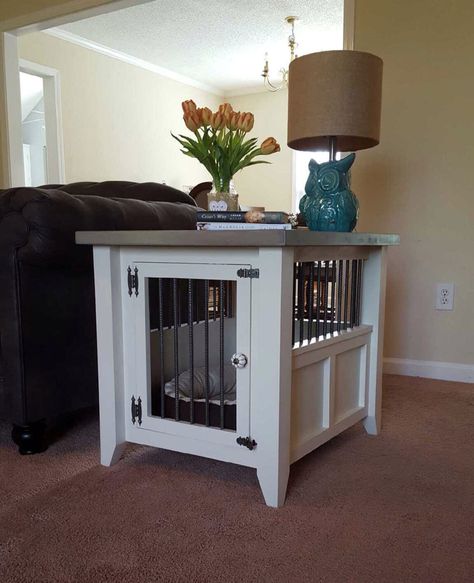 Dog Kennel I made for my Schnauzer!  Perfect side table! Crate Bedside Table, Kennel Diy, Fancy Bed, Crate Side Table, Pallet Dog Beds, Kennel Ideas, Dog Bedroom, Diy Dog Crate, Dog Kennel Cover