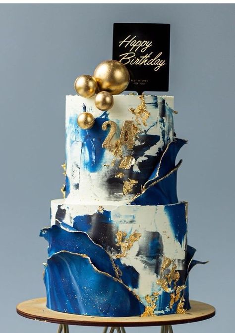 Two Tier Cake For Men, Men Birthday Party Ideas Decoration Blue, Dark Blue Cake For Men, Blue Man Birthday Cake, 18th Birthday Cake Blue And Gold, Blue And Gold 70th Birthday Party, 18th Birthday Cake Blue And White, Blue And Gold Cake For Men, Birthday Cake Blue And Gold