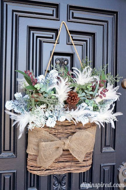 Winter door decor. Add greenery to a basket or other item that can hang on the front door! After Christmas Decor, Winter Door Decorations, Winter Wreath Diy, Winter Door, Deco Floral, Winter Home Decor, Winter Diy, After Christmas, Noel Christmas