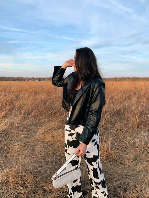 Leather jacket from H&M paired with Cow print pants from SHEIN Cow Pants Outfit, Cow Print Pants Outfit, Cute Country Concert Outfits, Fits For Spring, Cow Print Outfit, Cute Rodeo Outfits, Cow Print Pants, Stagecoach Outfit, Country Concert Outfit Ideas