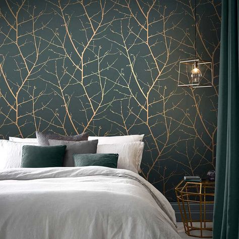 Stunning and simple printed on a fibrous paper. Featuring delicate tall and entwining branches stretching across this paper. Set against a matt background the branches shimmer in a subtle metallic effect perfect for adding a stylish highlight to any space. Seen here in the Teal  Copper colourway. Copper Bedroom, Copper Wallpaper, Teal Bedroom, Trail Design, Graham Brown, Feature Wallpaper, Green Backdrops, Teal Wallpaper, Graham & Brown