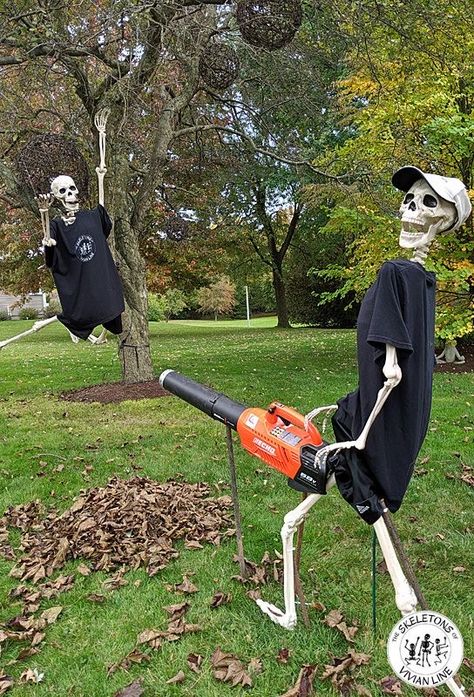 Skeletons Doing Yard Work, Poseable Skeleton Ideas Funny, Skeleton Memes Hilarious, Yard Skeleton Ideas Funny, Skeleton Funny Poses, Halloween Decorations Front Yard, Skeleton Yard Scenes Funny, Yard Skeleton Ideas, Skeleton Ideas For Yard