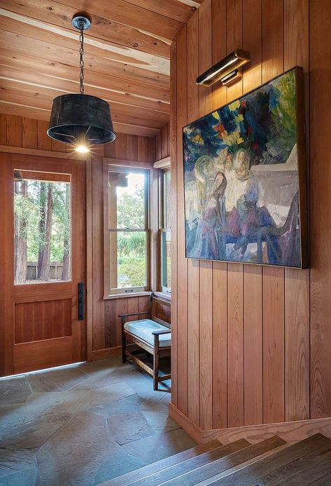 Summer camp inspired cabin immersed in a majestic grove of Redwoods Fishing Camp Cabin, Summer Camp Aesthetic Cabin Interior, Mcm Cabin, Cabins In The Woods Interior, Redwood Cabin, Old Cabin Interior, 70s Cabin, Log Cabin Interior Ideas, Moody Cabin