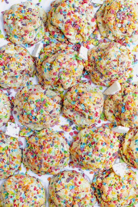 Fruity Pebble Cookies • (recipe with video) • Kroll's Korner Fruity Pebble Cookies, Levain Cookies, Fruity Pebble, Confetti Cookies, Fruity Pebbles Cereal, Pebbles Cereal, Cereal Cookies, Crazy Cookies, Protein Mix