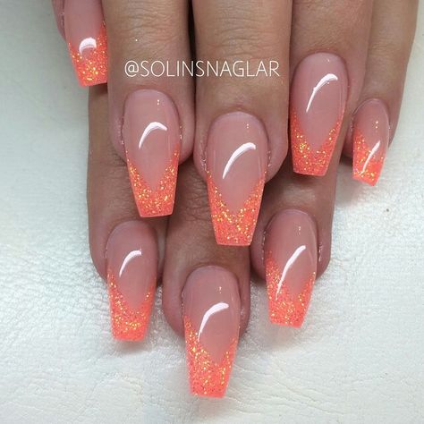 Glitter V French Tip Nails, Orange Glitter French Tip Nails, Coffin Shape Nails French Tip, Nails Coffin Orange, V Shaped French Tip Nails, V French Nails, Orange Glitter Nails, French Coffin, Nails Pedicure