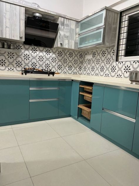 Kitchen designs ideas Teal Blue Kitchen Cabinets, Kitchen Wardrobe Design Indian, Kitchen Pastel Colours, Kitchen Cupboards Design Colour, Teal Kitchen Cabinets, Laminate Colors, Kitchen Laminate, Kitchen Designs Ideas, Kitchen Unit Designs