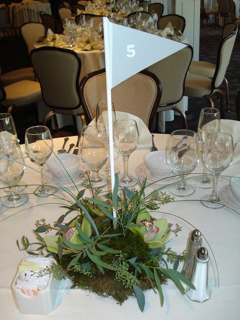 golf theme wedding centerpiece Golf Table Decorations, Planning Sport, Golf Centerpieces, Golf Wedding Theme, Themed Centerpieces, Golf Theme Party, Golf Party Decorations, Themed Wedding Decorations, Golf Wedding