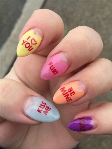 Conversation hearts Valentines Nails Conversation Hearts, Conversation Hearts Nails, Conversation Heart Nails, Heart Tip Nails, Diy Valentine's Nails, Nail Decals Diy, Nail Business, Heart Nail Designs, Bunny Nails