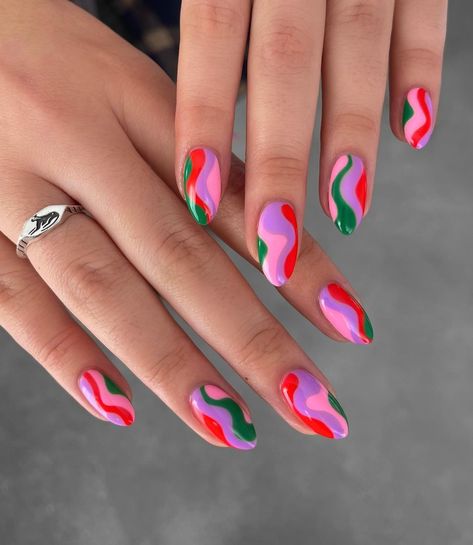 Nail Ideas For Spring Acrylic Almond, Green And Pink Nail Art, Simple Colourful Nails, Color Block Nails Designs, Miss Match Nails, Colorblock Nails, 90s Nail Art, Colorful Nail Ideas, Short Nail Art