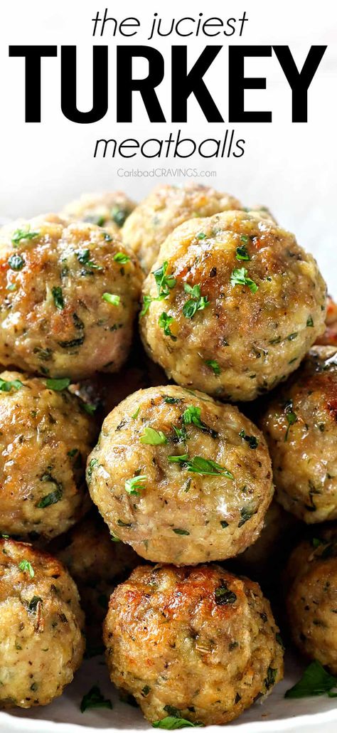 Turkey Meatballs + Video (the JUCIEST EVER!) Clean Turkey Meatballs, Pioneer Woman Turkey Meatball Pasta, Turkey Meatballs With Oats, Meatball Turkey Recipes, Meatballs With Ground Turkey, Turkey Meatballs And Mashed Potatoes, Savory Turkey Meatballs, Turkey Kale Meatballs, Greek Meatballs Turkey