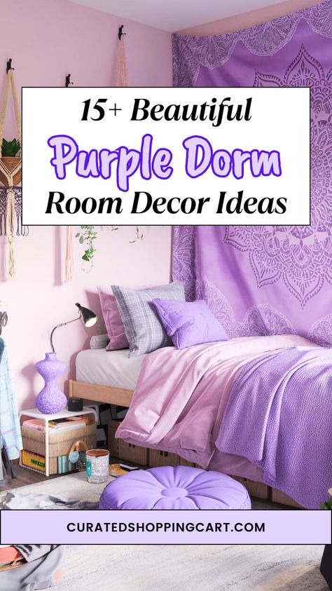 Transform your dorm into a Bohemian purple paradise with deep purple tapestries, lavender floor cushions, & macramé plant holders.Discover thrift store finds to complete this chic Moroccan-inspired look. Perfect for creating a cozy & unique space! Purple dorm room ideas for girls college, chic dorm room, Moroccan dorm style, college dorm room decor, lavender dorm room, boho dorm ideas, purple dorm room aesthetic, purple dorm decor, purple dorm room decor, purple dorm aesthetic, purple dorm ideas Lilac Dorm Room, Lavender Dorm Room, Boho Purple Bedroom, Room Aesthetic Purple, Purple Dorm Room Ideas, Room Decor Lavender, Lavender Room Aesthetic, Purple Dorm Room, Dorm Room Boho