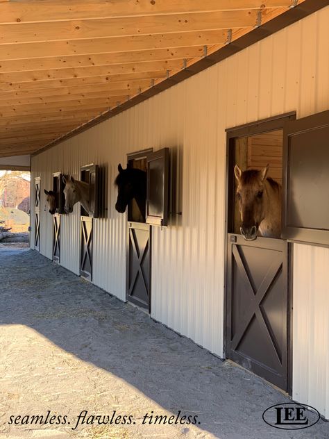 Powder coated brown dutch door with two-way access. Stable Doors Horse, Horse Barn Stall Doors, Stall Door Ideas, Horse Stall Windows, Stall Doors For Horses, Barn Stall Ideas, Horse Stall Doors, Dutch Barn Door, Metal Horse Barns