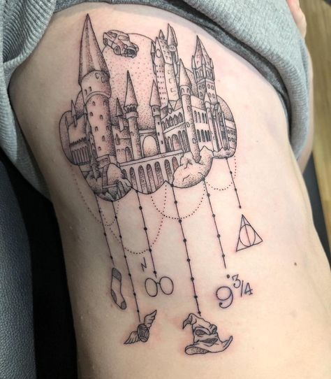 Harry Potter Spine Tattoo, Harry Potter Thigh Tattoo, Harry Potter Rib Tattoo, Harry Potter Tattoo, Harry Potter Tattoos, Spine Tattoo, Leg Tattoos Women, Cover Up Tattoo, Thigh Tattoos Women