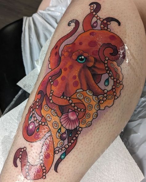 Check out this stunning Octopus by our sponsored artist @elliedanby_tattoos #stunning #colourtattoos #neotraditional #lovehopetattoocare Neotrad Octopus Tattoo, Colourful Octopus Tattoo, Neo Traditional Octopus Tattoo, Traditional Octopus Tattoo, Tattoo Octopus, Inspo Tattoo, Hope Tattoo, Neotraditional Tattoo, Octopus Tattoos