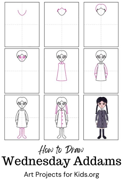 Learn how to draw Wednesday Addams with an easy step-by-step PDF tutorial. #howtodraw #tutorial #drawing #drawingtutorial #arttutorial #artprojectsforkids #howtodrawforkids #wednesdayaddams Wednesday Characters Drawing, Easy Wednesday Addams Drawing, How To Draw Wednesday Addams Easy, Easy Wednesday Drawing, Wednesday Addams Cartoon Drawing, How To Draw Wednesday, How To Draw Barbie, How To Draw Wednesday Addams, Wednesday Addams Drawing Easy