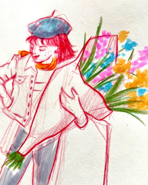 Sketch of a girl holding a bouquet of colorful flowers 💐 Person With Flowers Drawing, Holding Flowers Drawing, Keiji Shinogi, Sketch Of A Girl, Bouquet Drawing, Flower Bouquet Drawing, Back Drawing, Holding A Bouquet, Person Drawing