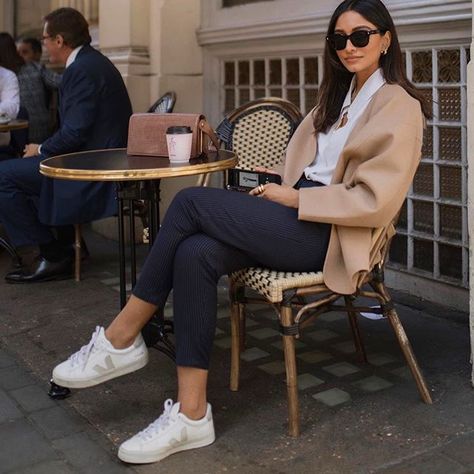 VEJA on Instagram: “Coffee break with our Campo White Natural. Made out of chrome free leather, jersey of recycled polyester and wild rubber from the Amazonian…” Leopard Print Fashion, Elegant Coats, Wool Coats, Stylish Women Fashion, Loose Long Sleeve, Long Sleeve Shift Dress, Every Single Day, Casual Lace, Blazer Fashion