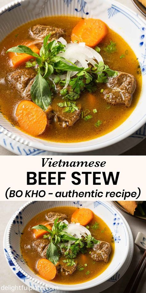 a bowl of Vietnamese lemongrass beef stew Bo Kho, Vietnamese Beef Stew, Yummy Asian Food, Vietnamese Beef, Asian Noodle Dishes, Asian Side Dishes, Mongolian Beef Recipes, Braised Pork Belly, Asian Inspired Dishes