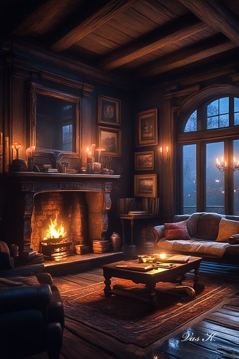 Fireplace In Dark Room, Attic Fireplace, Drake Mansion, 1900s House, Cosy Bedrooms, Academia House, Library With Fireplace, Lounge Aesthetic, Relaxing Images