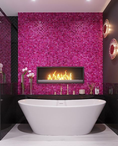 Bright Tiles Bathroom, Fuschia Bathroom, Pink Black Living Room, Dark Pink Bathroom, Bright Bathroom Ideas, Pink Bathroom Tile, Restaurant Board, Hot Pink Bathroom, Vibrant Bathroom